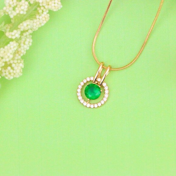 "Round Green Pendant with Halo Stones in Gold Finish for Elegant Look, XPPT1714 - Picture 2 of 13